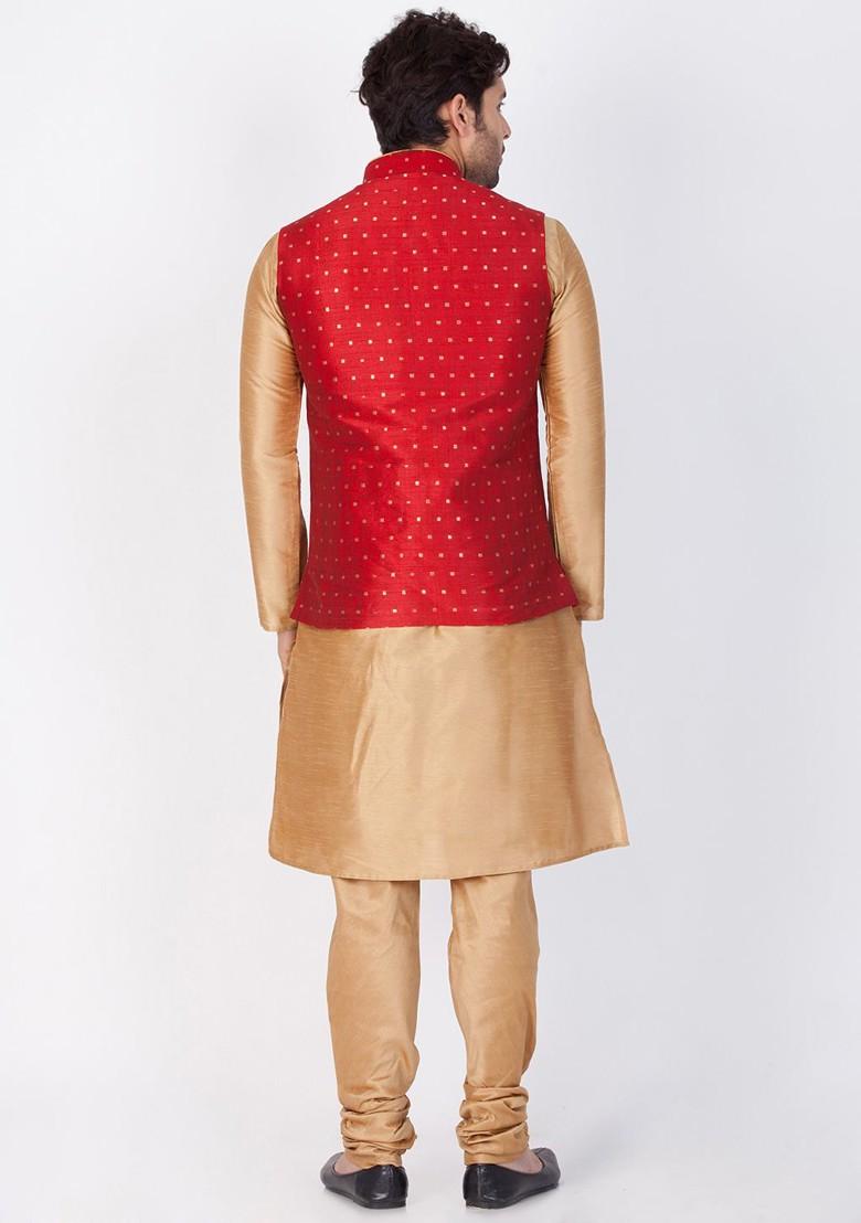 Maroon Solid Poly Blend Kurta Set For Men