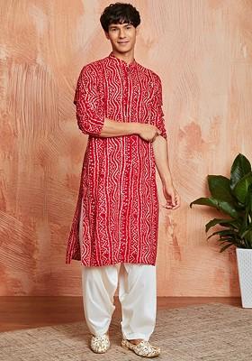 Red Bandhani Print Poly Blend Kurta Set For Men