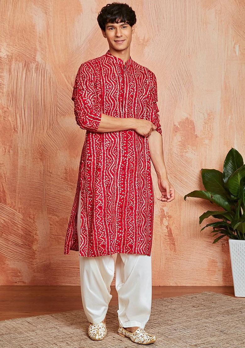 Red Bandhani Print Poly Blend Kurta Set For Men