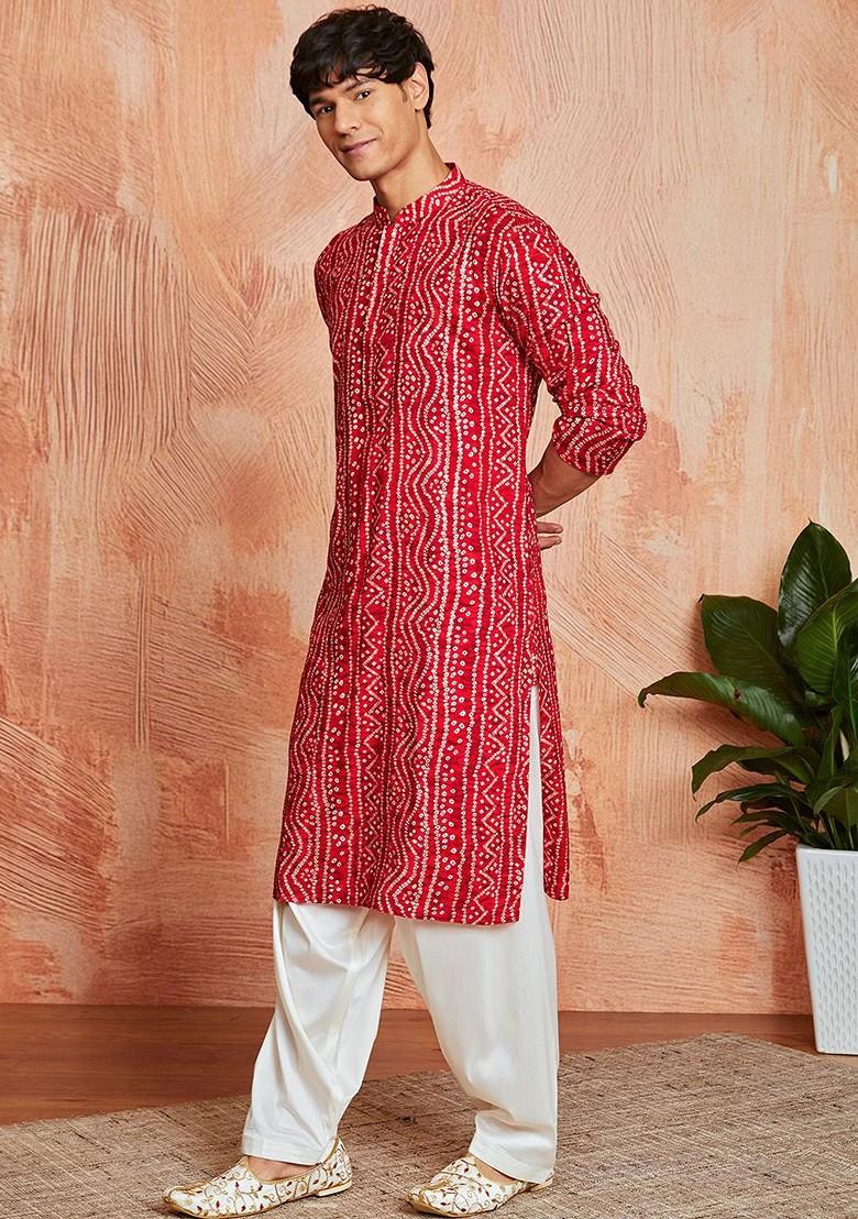 Red Bandhani Print Poly Blend Kurta Set For Men