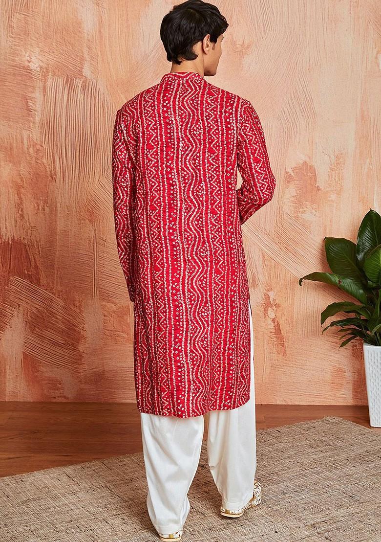 Red Bandhani Print Poly Blend Kurta Set For Men