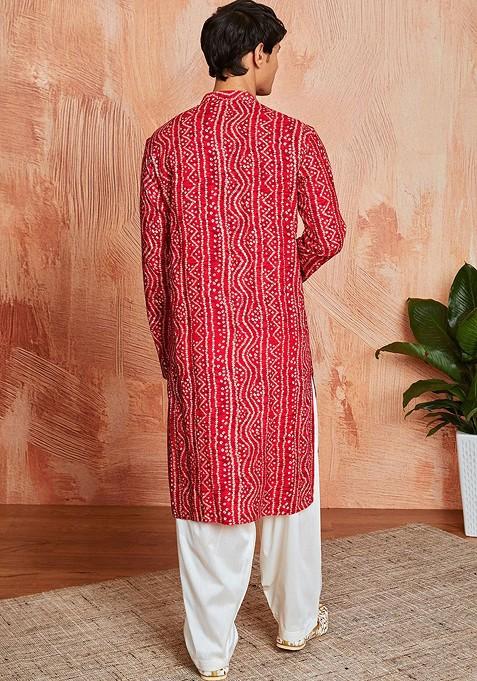 Red Bandhani Print Poly Blend Kurta Set For Men