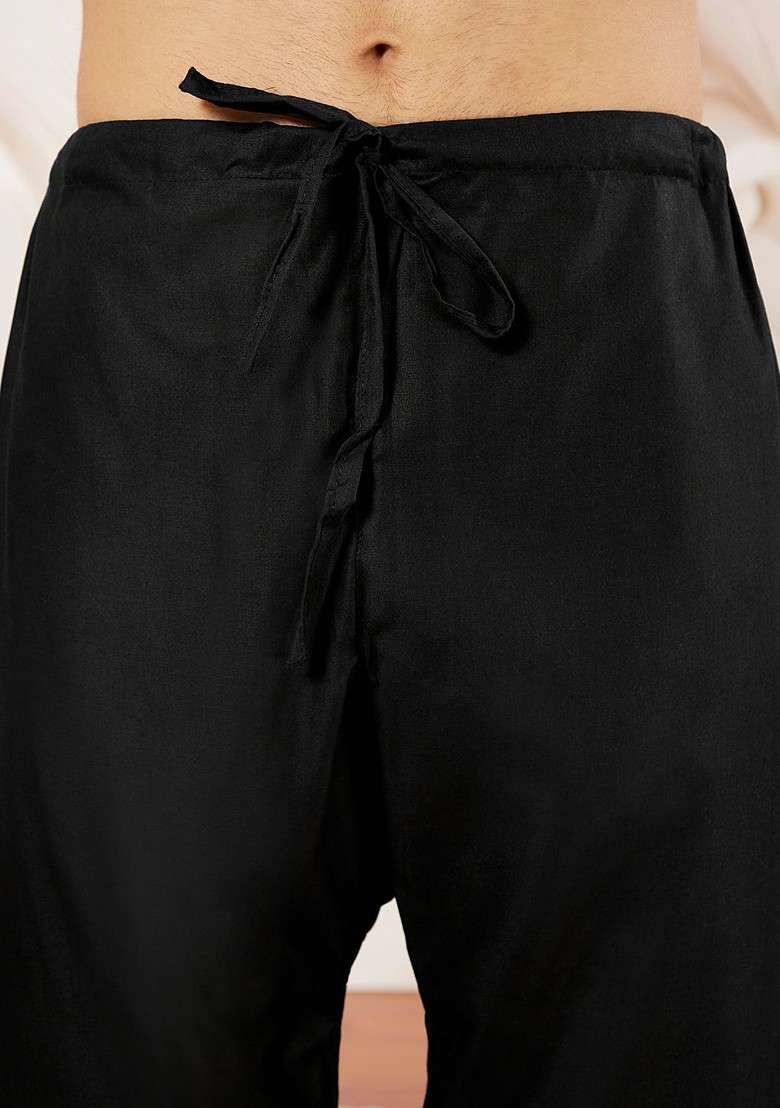 Black Solid Poly Blend Kurta Set For Men - Indya