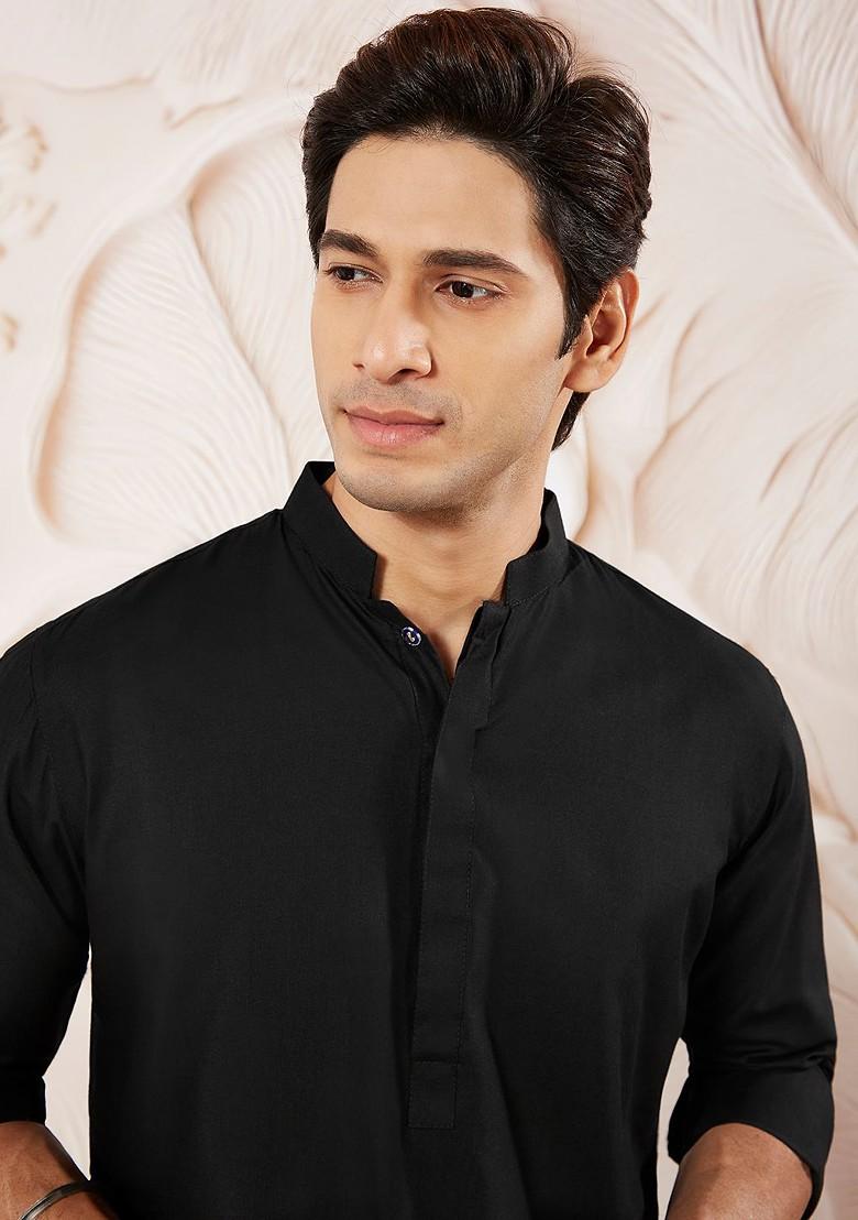 Black Solid Poly Blend Kurta Set For Men