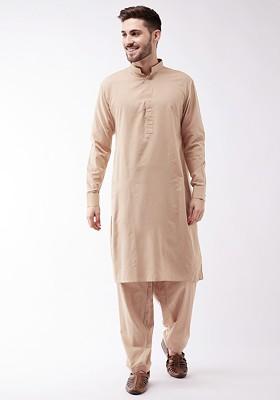 Beige Solid Poly Blend Kurta Set For Men