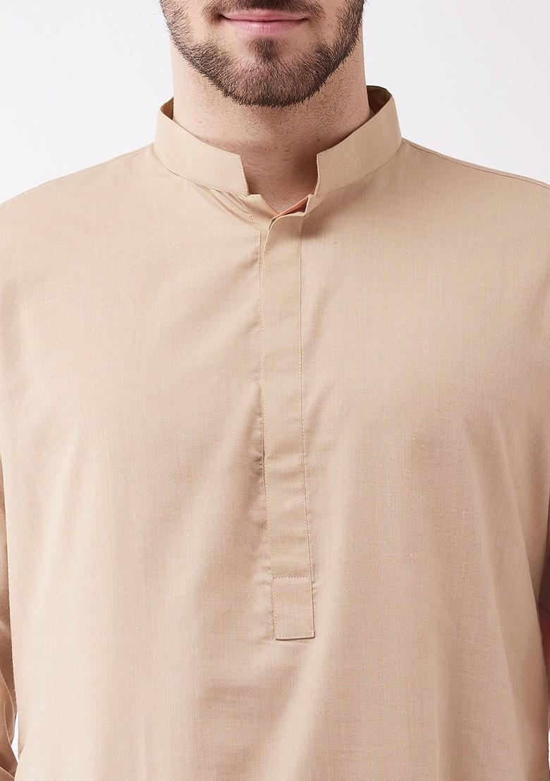 Beige Solid Poly Blend Kurta Set For Men