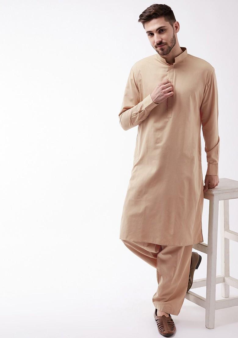 Beige Solid Poly Blend Kurta Set For Men