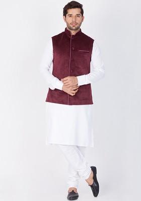 White Ethnic Motifs Cotton Kurta Set For Men
