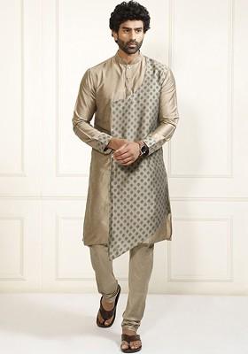 Camel Brown Ethnic Motifs Poly Blend Kurta Set For Men