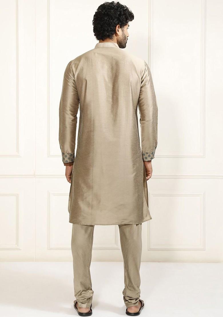 Camel Brown Ethnic Motifs Poly Blend Kurta Set For Men