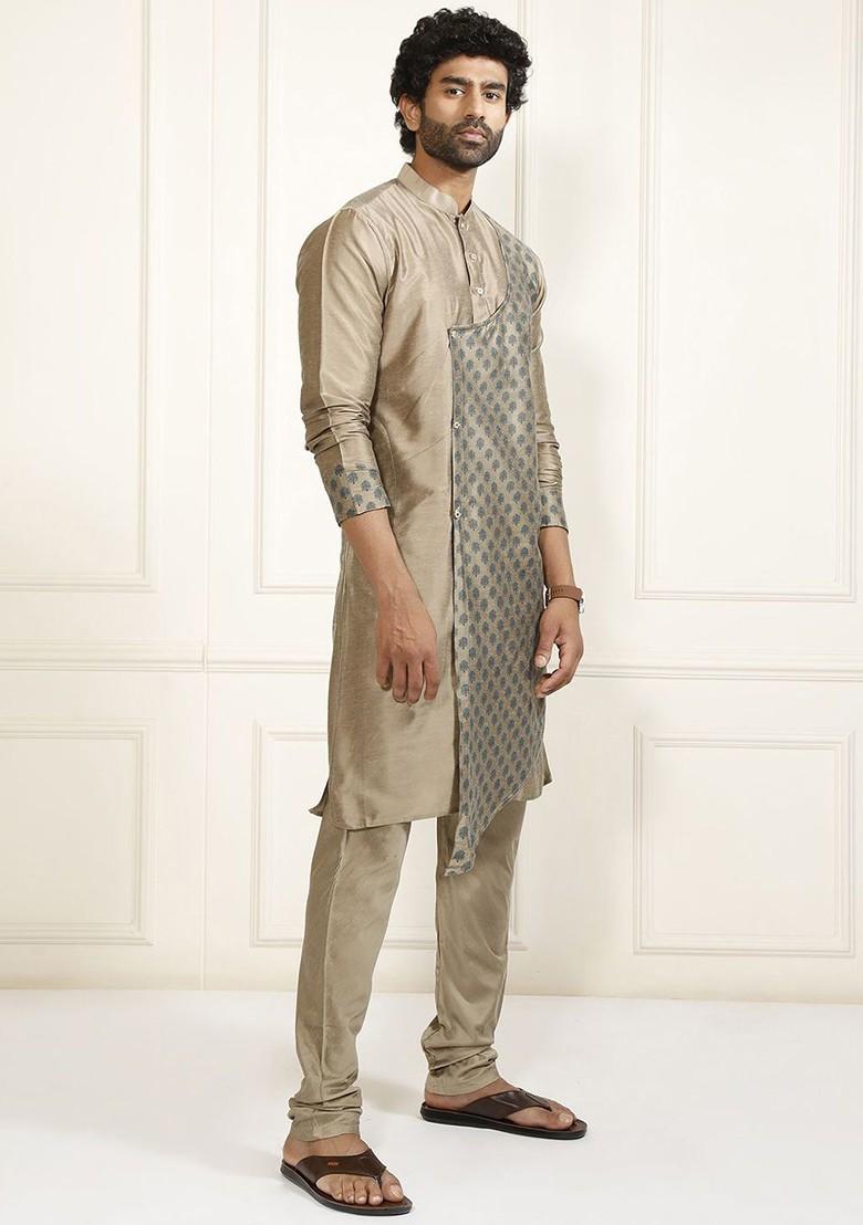 Camel Brown Ethnic Motifs Poly Blend Kurta Set For Men