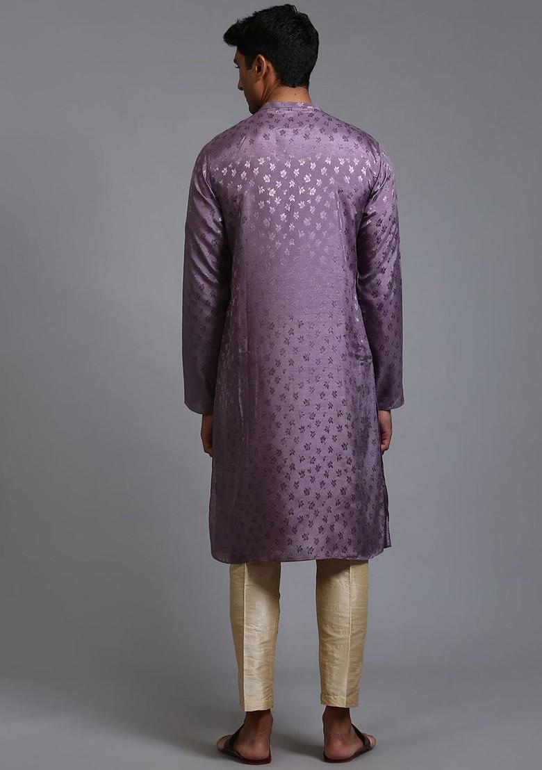 Purple Floral Print Poly Blend Kurta Set For Men