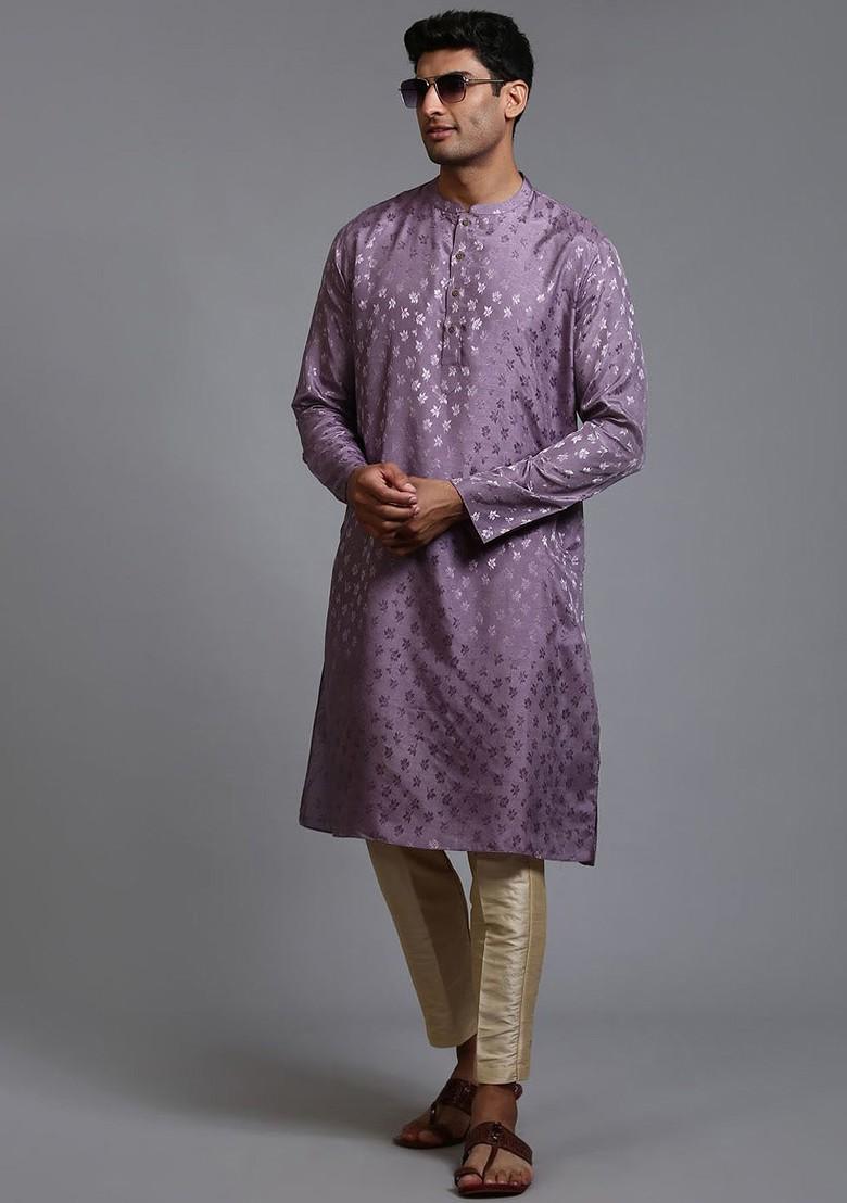 Purple Floral Print Poly Blend Kurta Set For Men