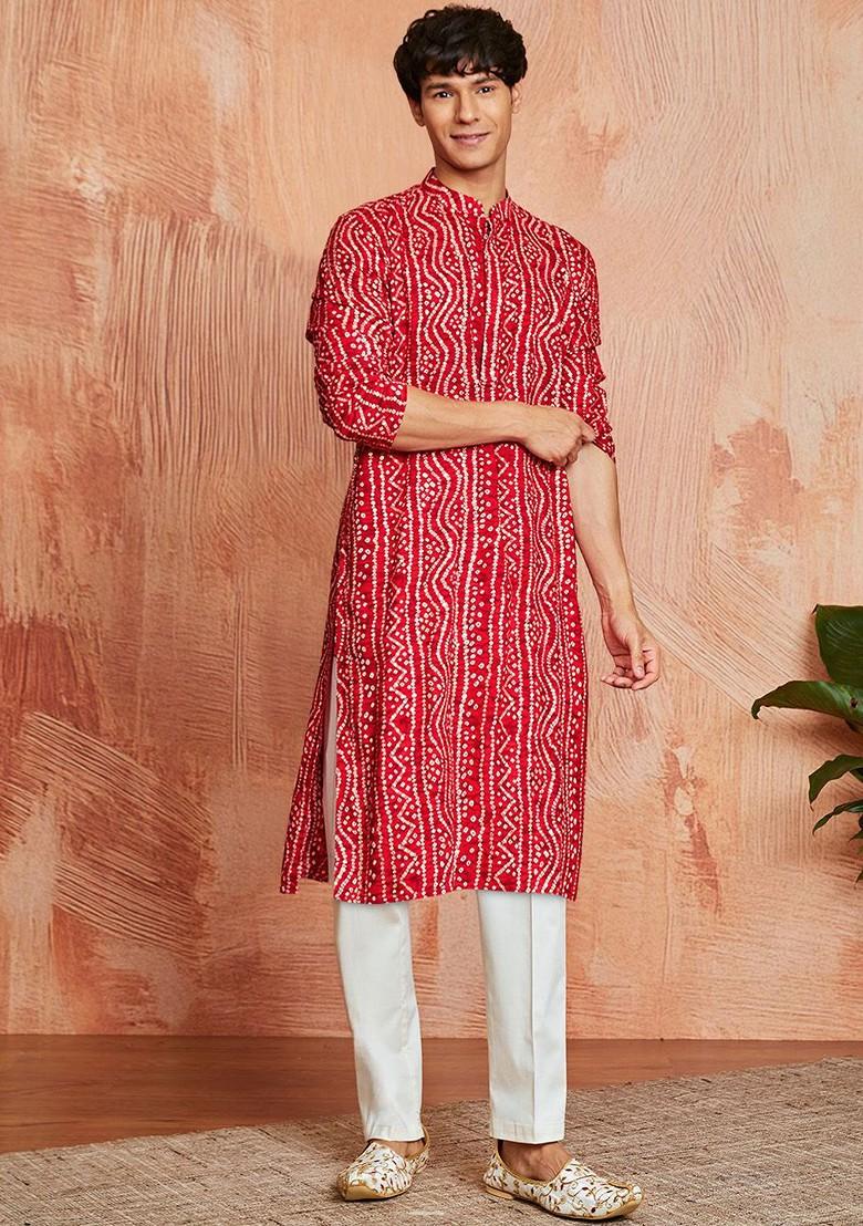 Red Bandhani Print Poly Blend Kurta Set For Men