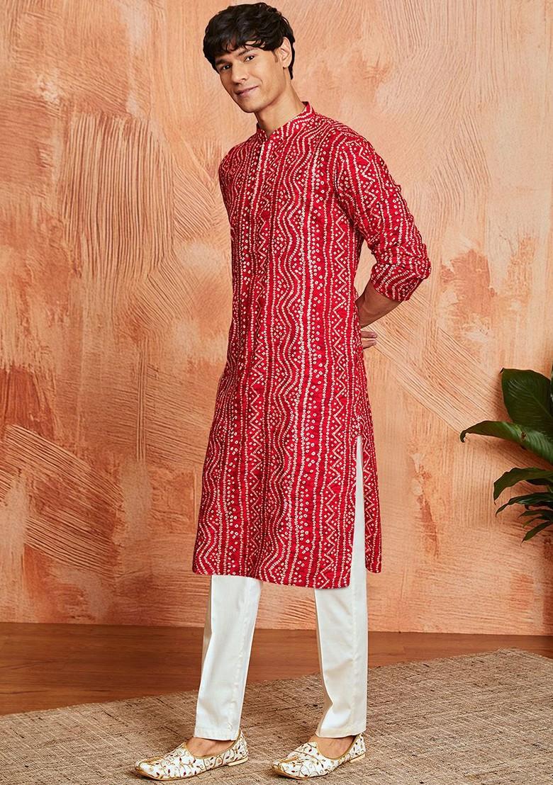 Red Bandhani Print Poly Blend Kurta Set For Men