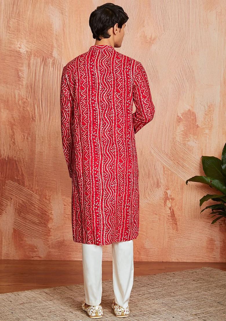 Red Bandhani Print Poly Blend Kurta Set For Men