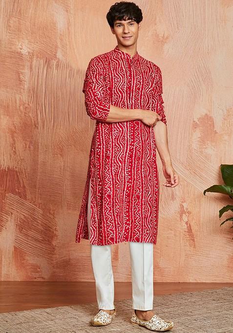 Red Bandhani Print Poly Blend Kurta Set For Men