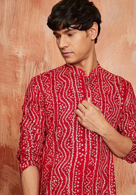 Red Bandhani Print Poly Blend Kurta Set For Men