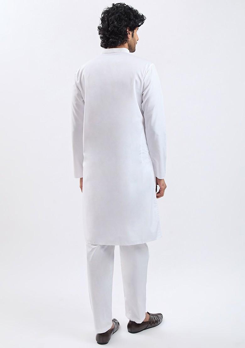 White Thread Work Poly Blend Kurta Set For Men