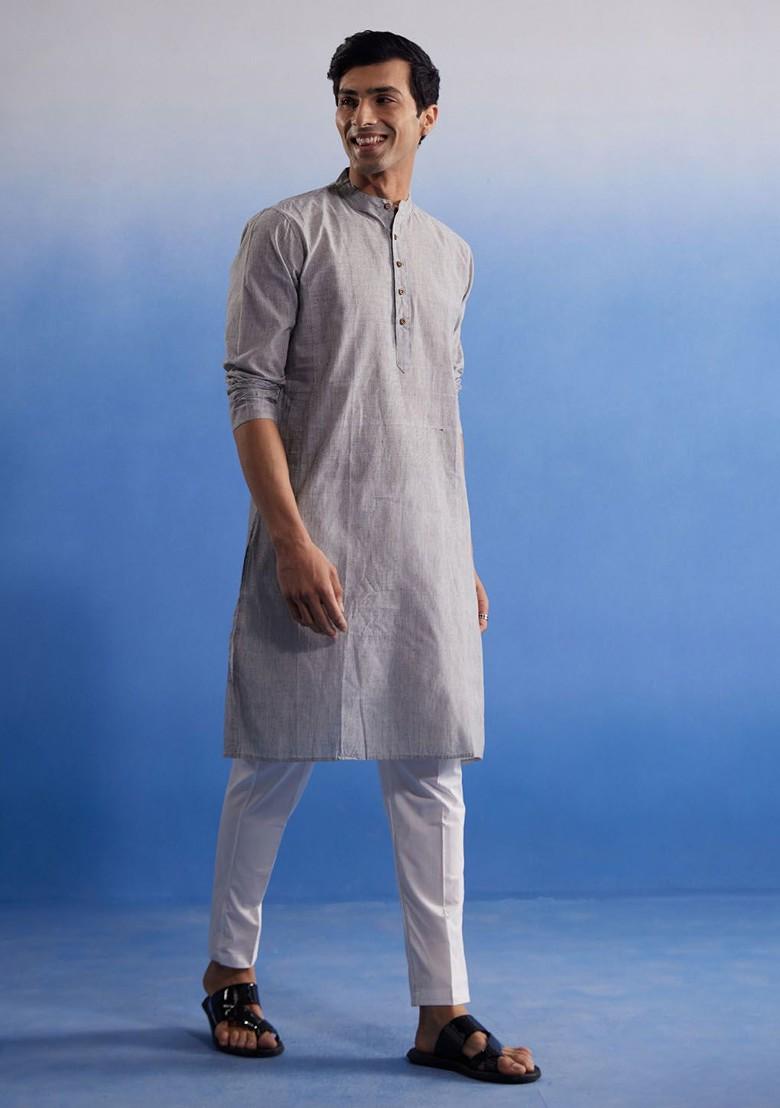 Grey Striped Cotton Kurta Set For Men