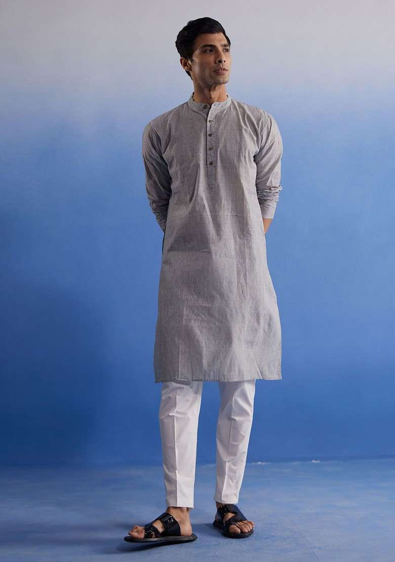 Grey Striped Cotton Kurta Set For Men - Indya