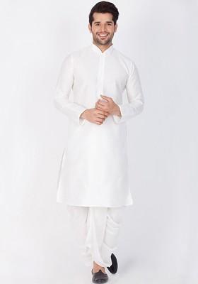 White Solid Poly Blend Kurta Set For Men
