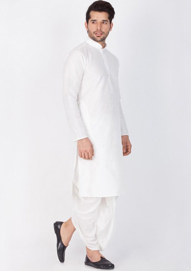 White Solid Poly Blend Kurta Set For Men