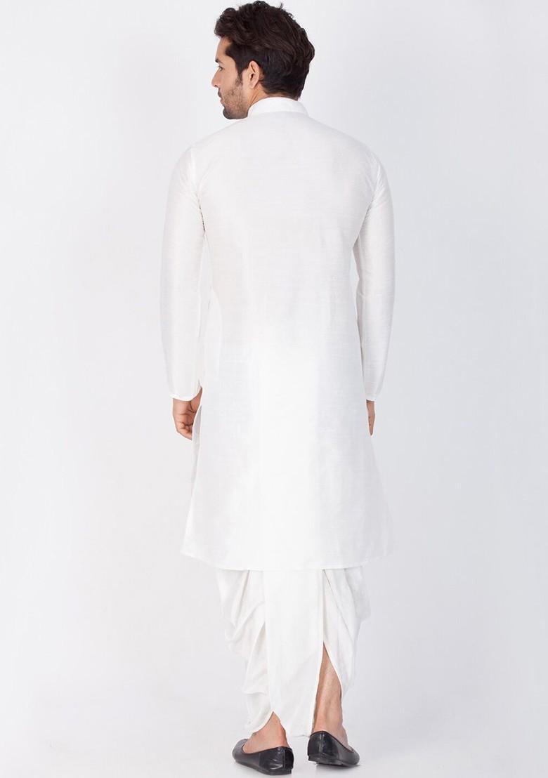 White Solid Poly Blend Kurta Set For Men