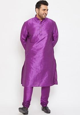 Purple Solid Silk Kurta Set For Men