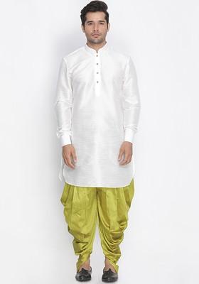 White Solid Poly Blend Kurta Set For Men