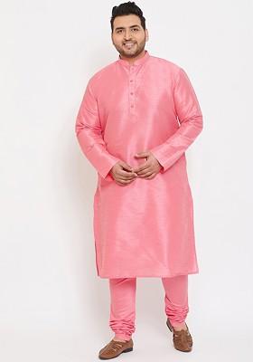 Pink Solid Poly Blend Kurta Set For Men