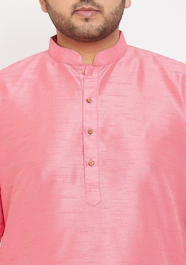 Pink Solid Poly Blend Kurta Set For Men
