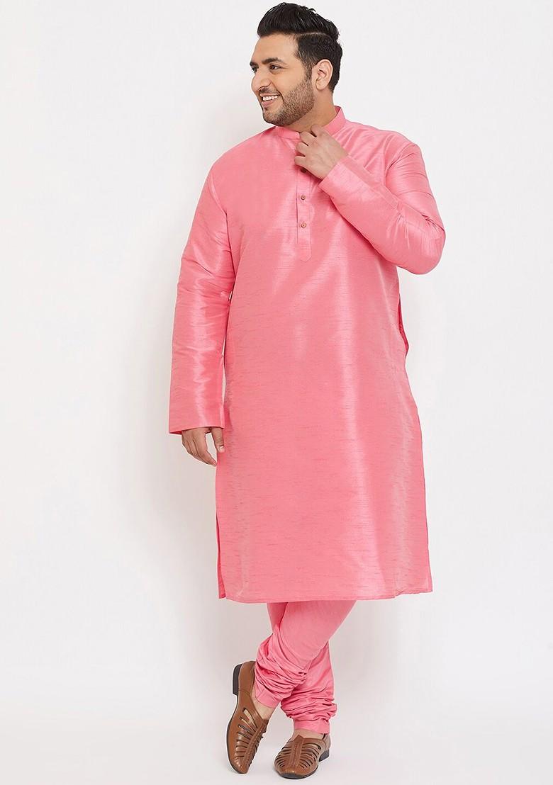 Pink Solid Poly Blend Kurta Set For Men
