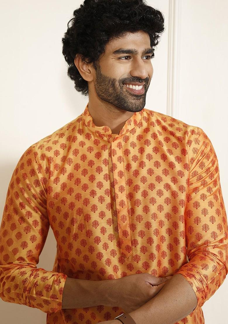 Orange Printed Poly Blend Kurta Set For Men