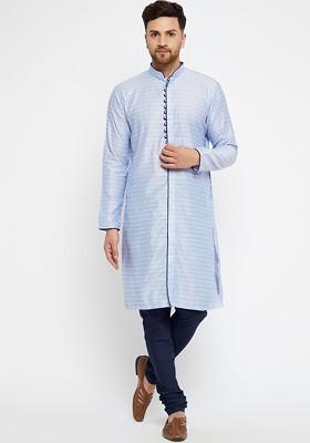 Blue Ethnic Motifs Poly Blend Kurta Set For Men