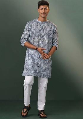 Blue Floral Print Poly Blend Kurta Set For Men