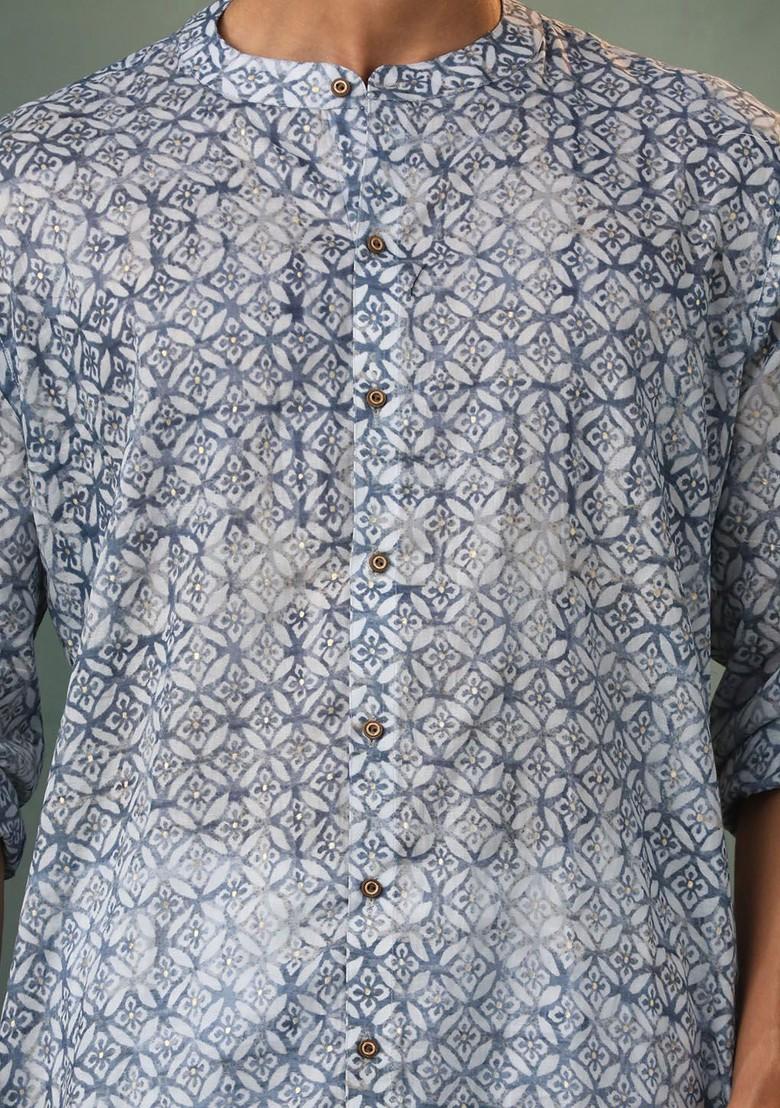 Blue Floral Print Poly Blend Kurta Set For Men