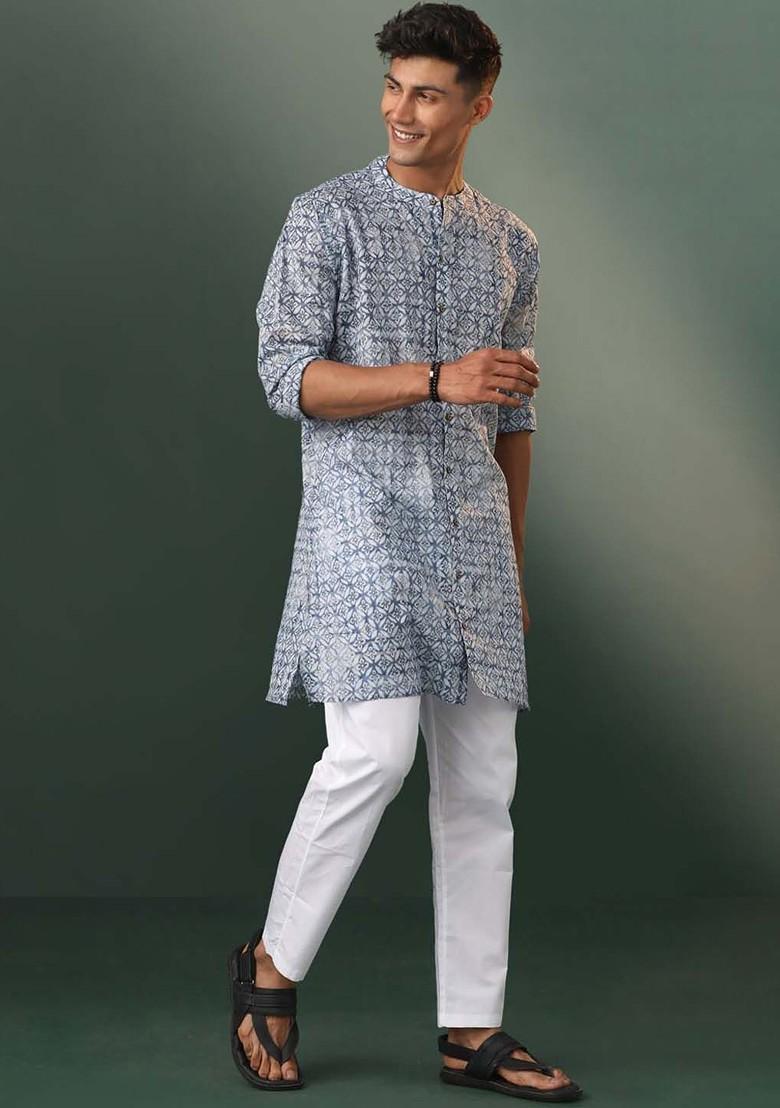 Blue Floral Print Poly Blend Kurta Set For Men
