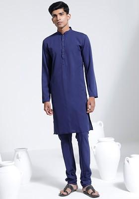Navy Blue Solid Poly Blend Kurta Set For Men