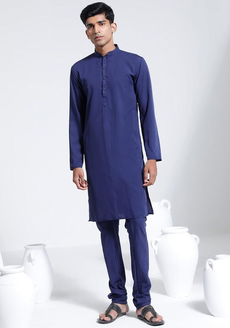 Navy Blue Solid Poly Blend Kurta Set For Men