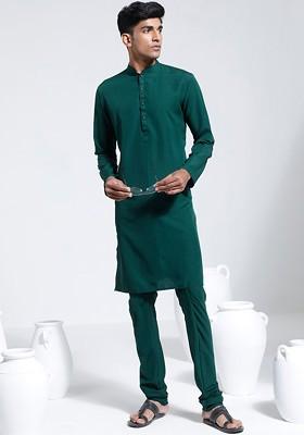 Green Solid Poly Blend Kurta Set For Men