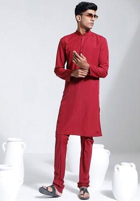 Maroon Solid Poly Blend Kurta Set For Men