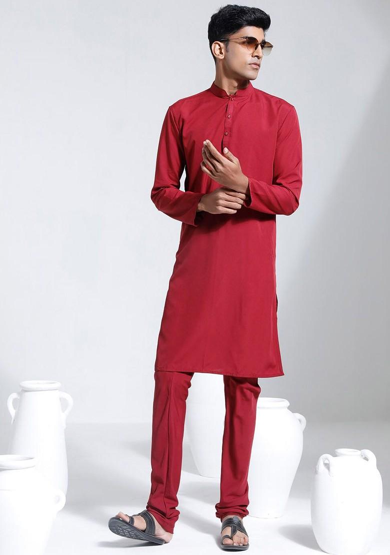 Maroon Solid Poly Blend Kurta Set For Men