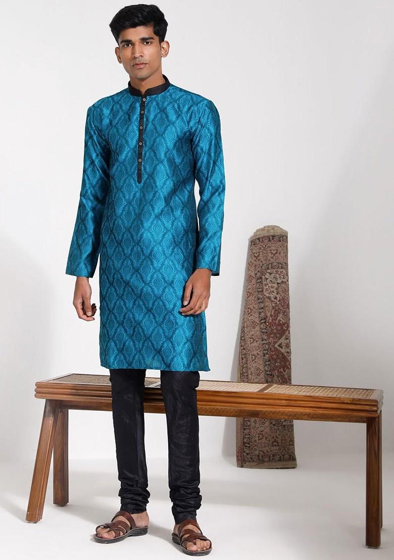 Turquoise Blue Ethnic Motifs Silk Kurta Set For Men