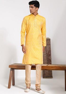 Yellow Floral Print Poly Blend Kurta Set For Men