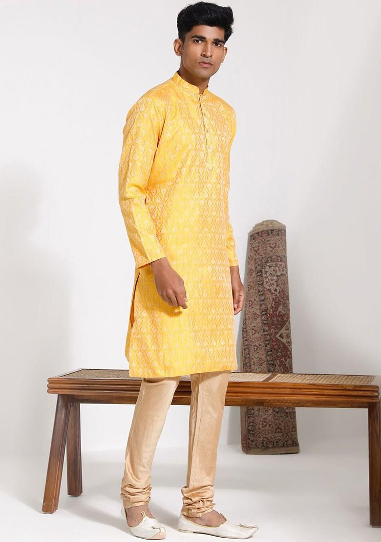 Yellow Floral Print Poly Blend Kurta Set For Men