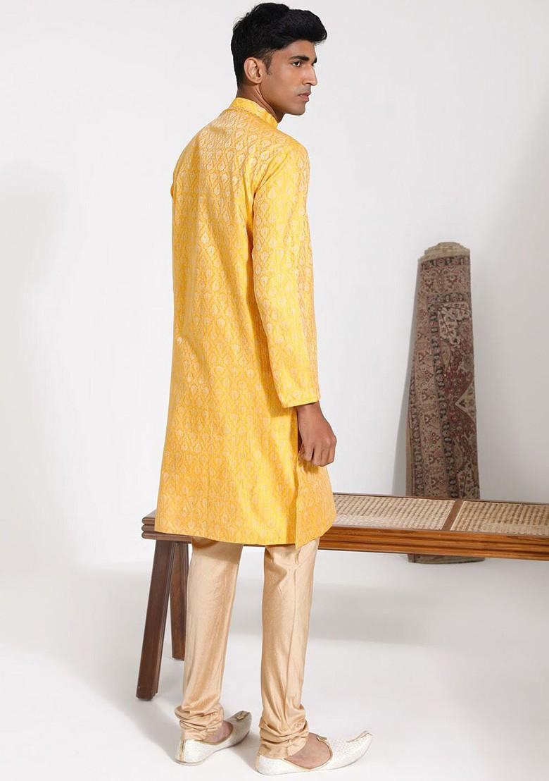 Yellow Floral Print Poly Blend Kurta Set For Men