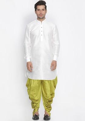 White Solid Poly Blend Kurta Set For Men