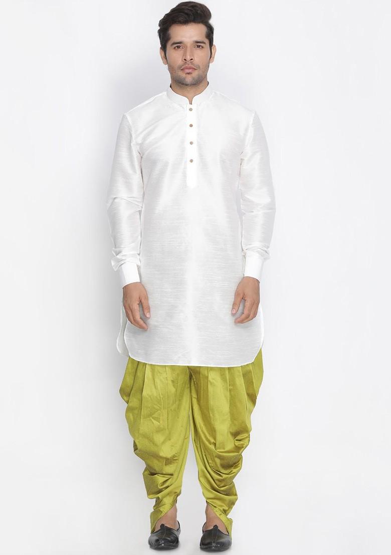 White Solid Poly Blend Kurta Set For Men
