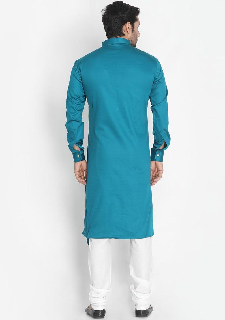 Teal Solid Poly Blend Kurta Set For Men